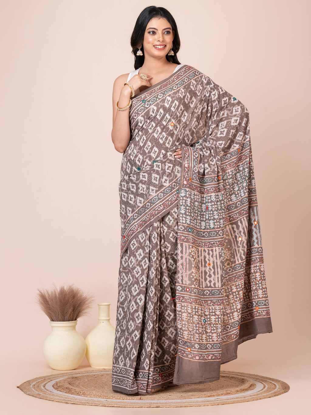 Gray Bagru Kantha Embroidered Saree