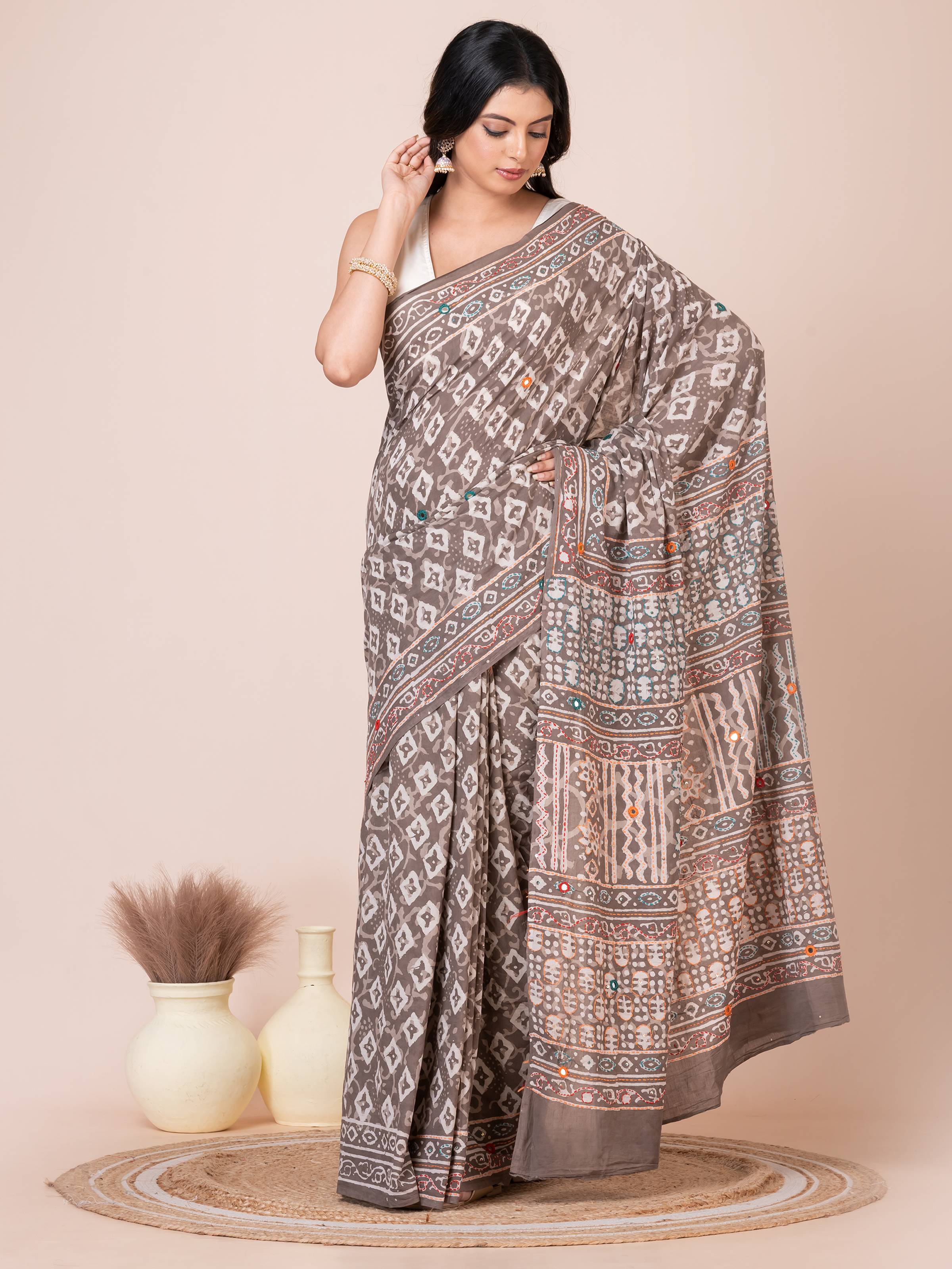 Gray Bagru Kantha Embroidered Saree