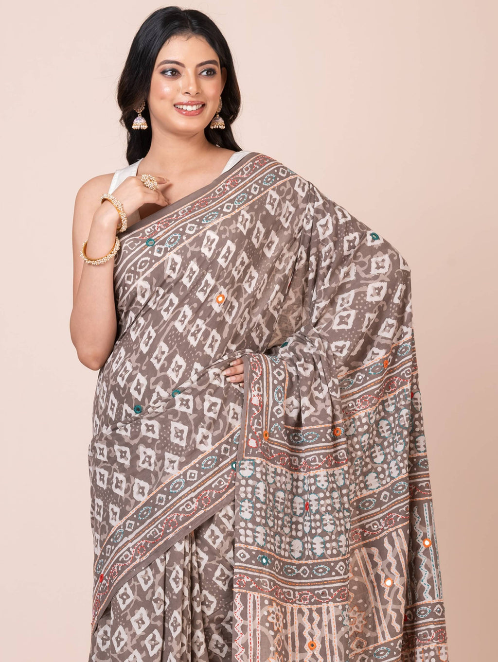 Gray Bagru Kantha Embroidered Saree