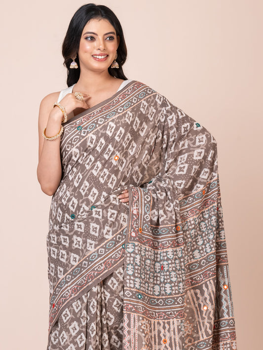 Gray Bagru Kantha Embroidered Saree