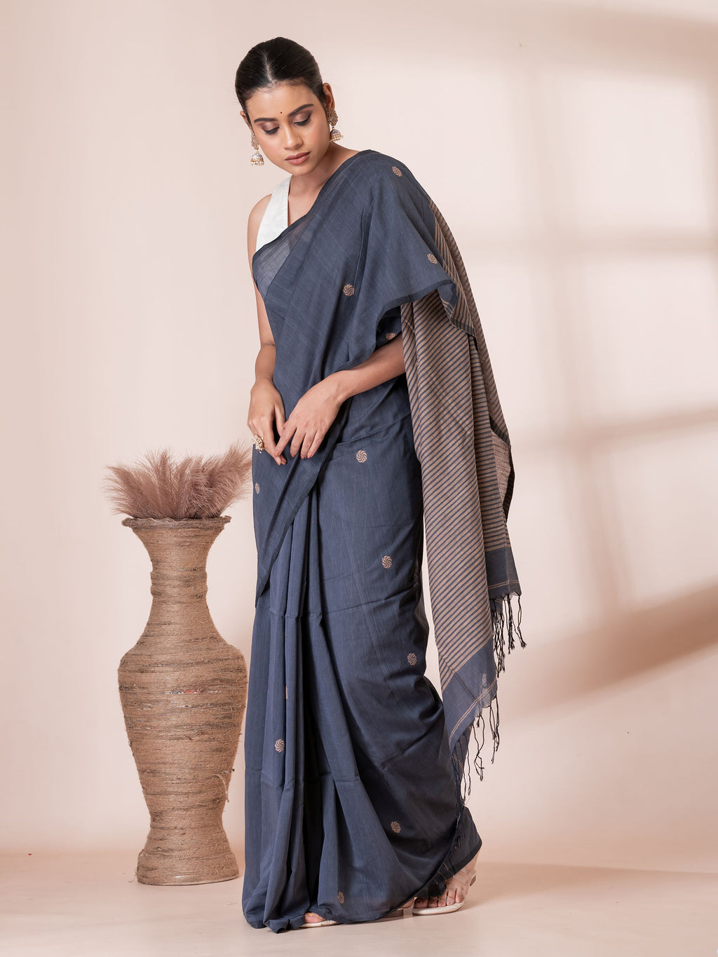 Grey with Cream Handloom Premium Cotton Saree