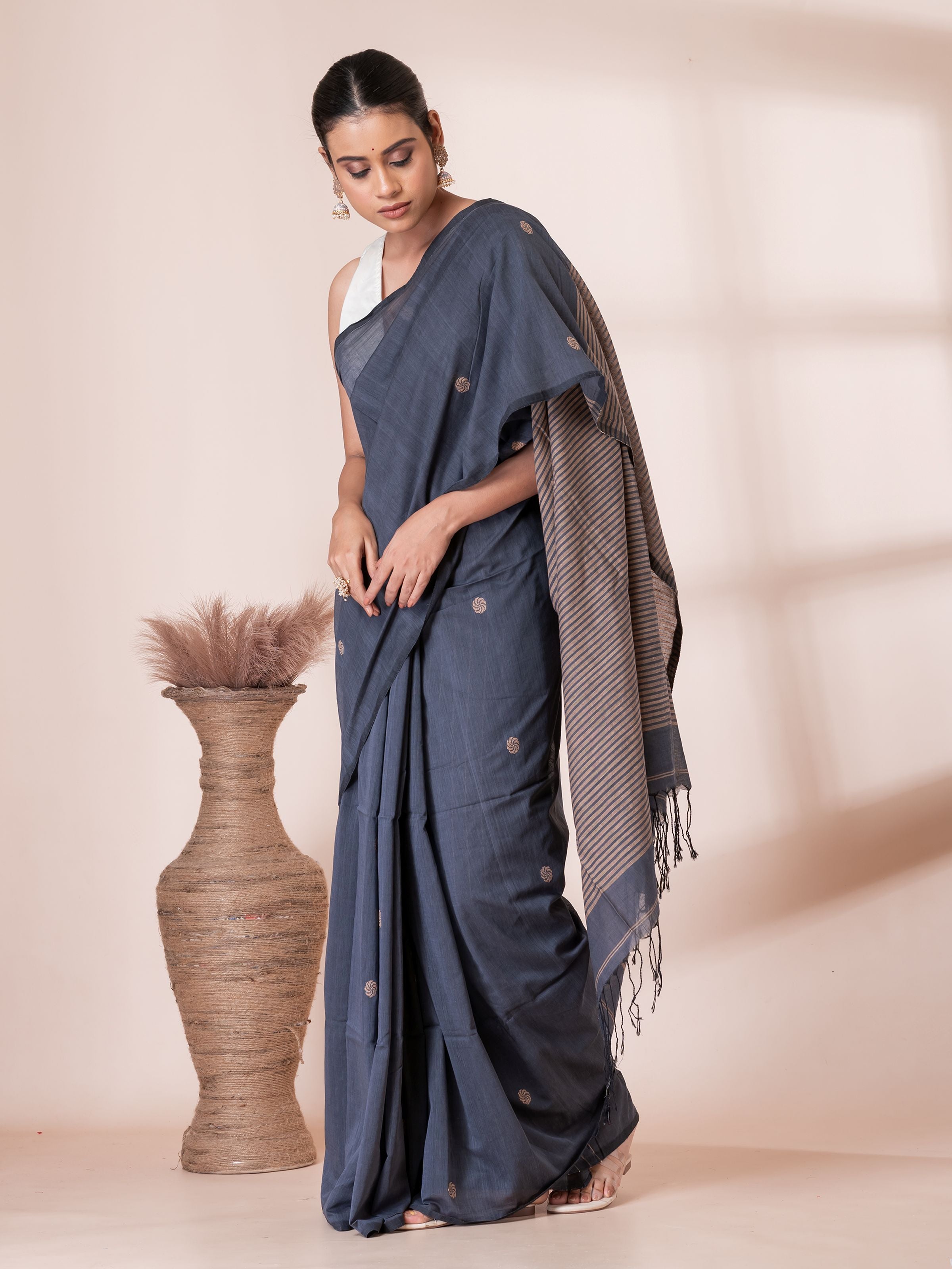 Grey with Cream Handloom Premium Cotton Saree