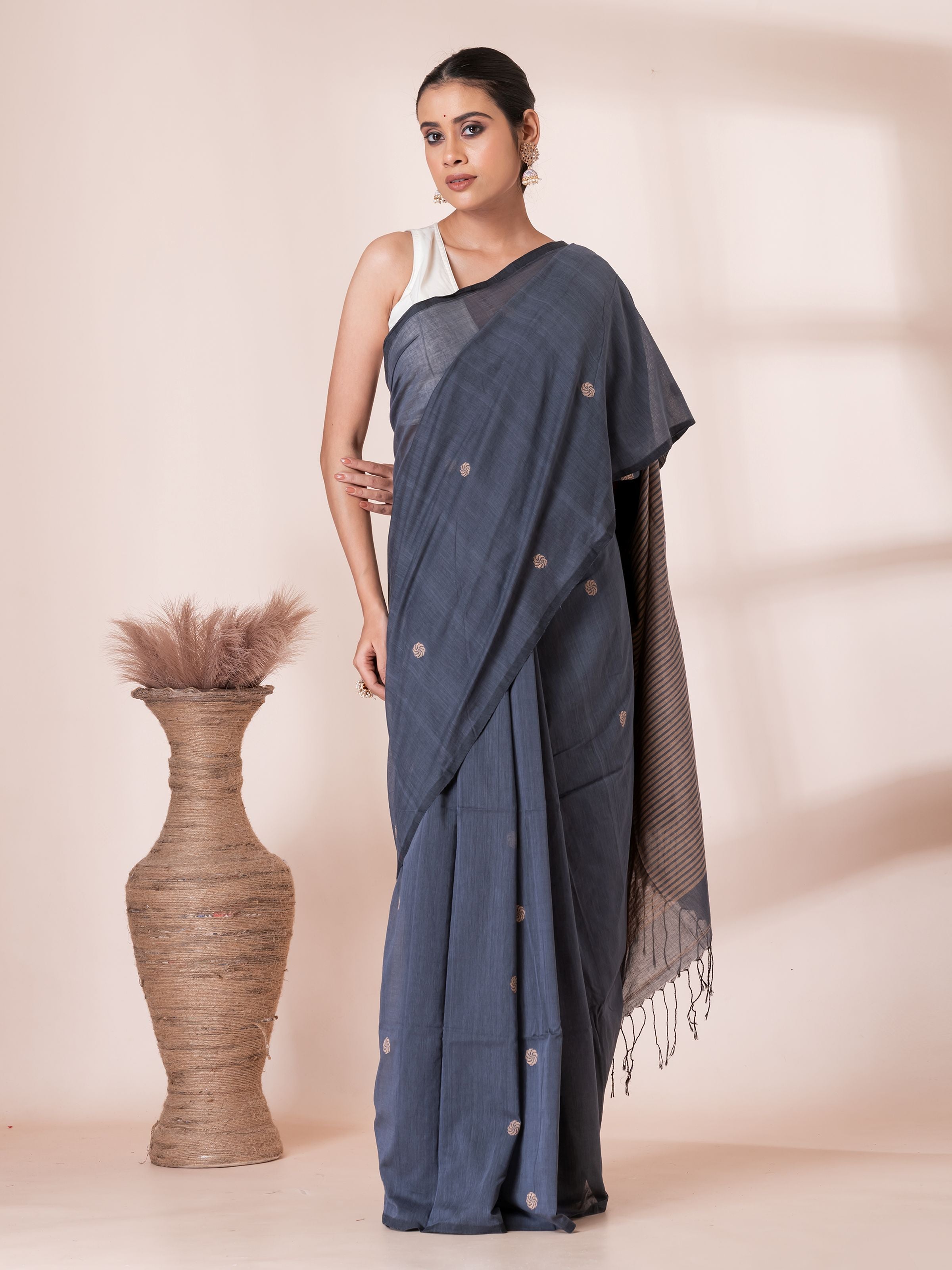 Grey with Cream Handloom Premium Cotton Saree