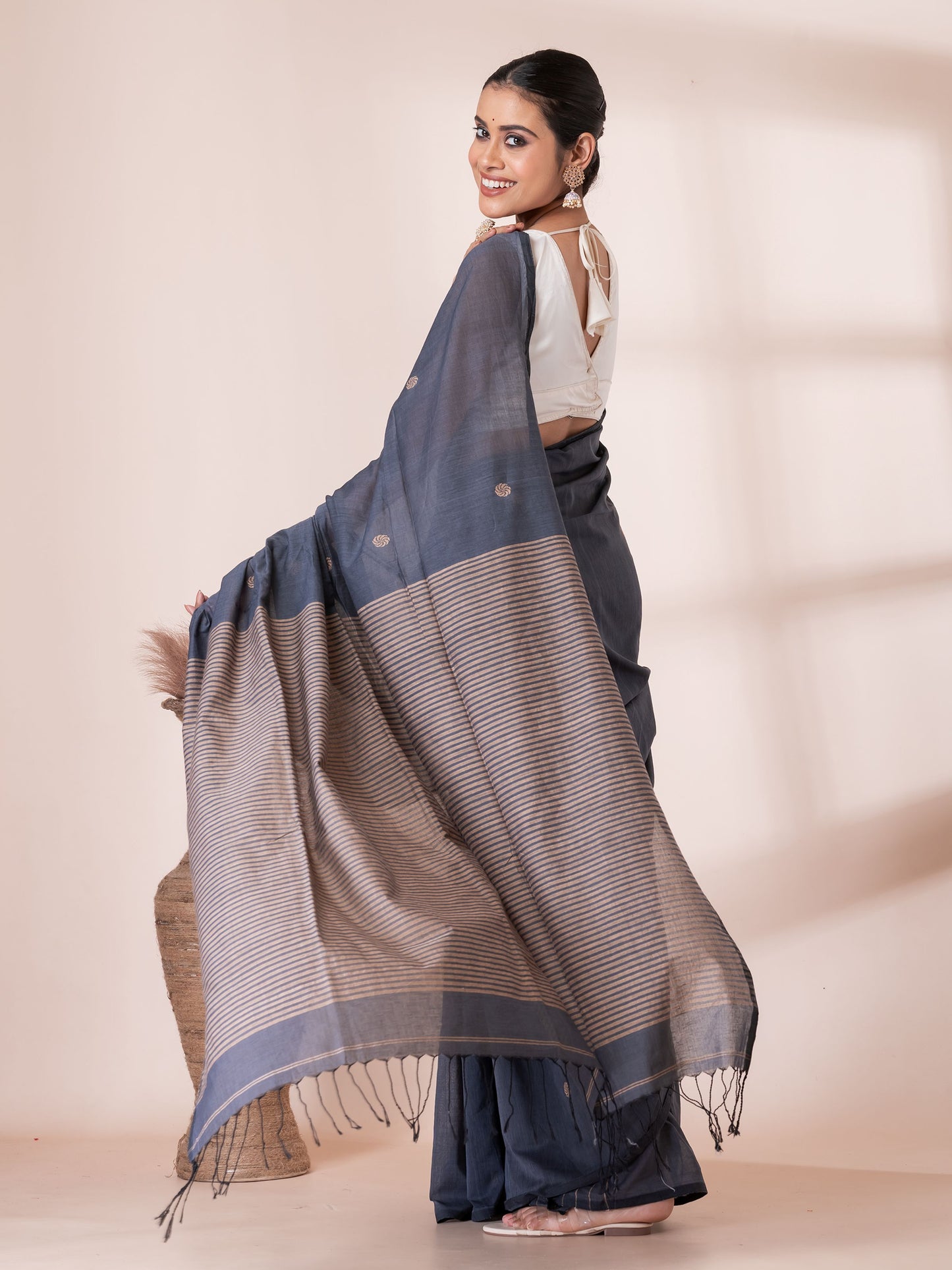 Grey with Cream Handloom Premium Cotton Saree