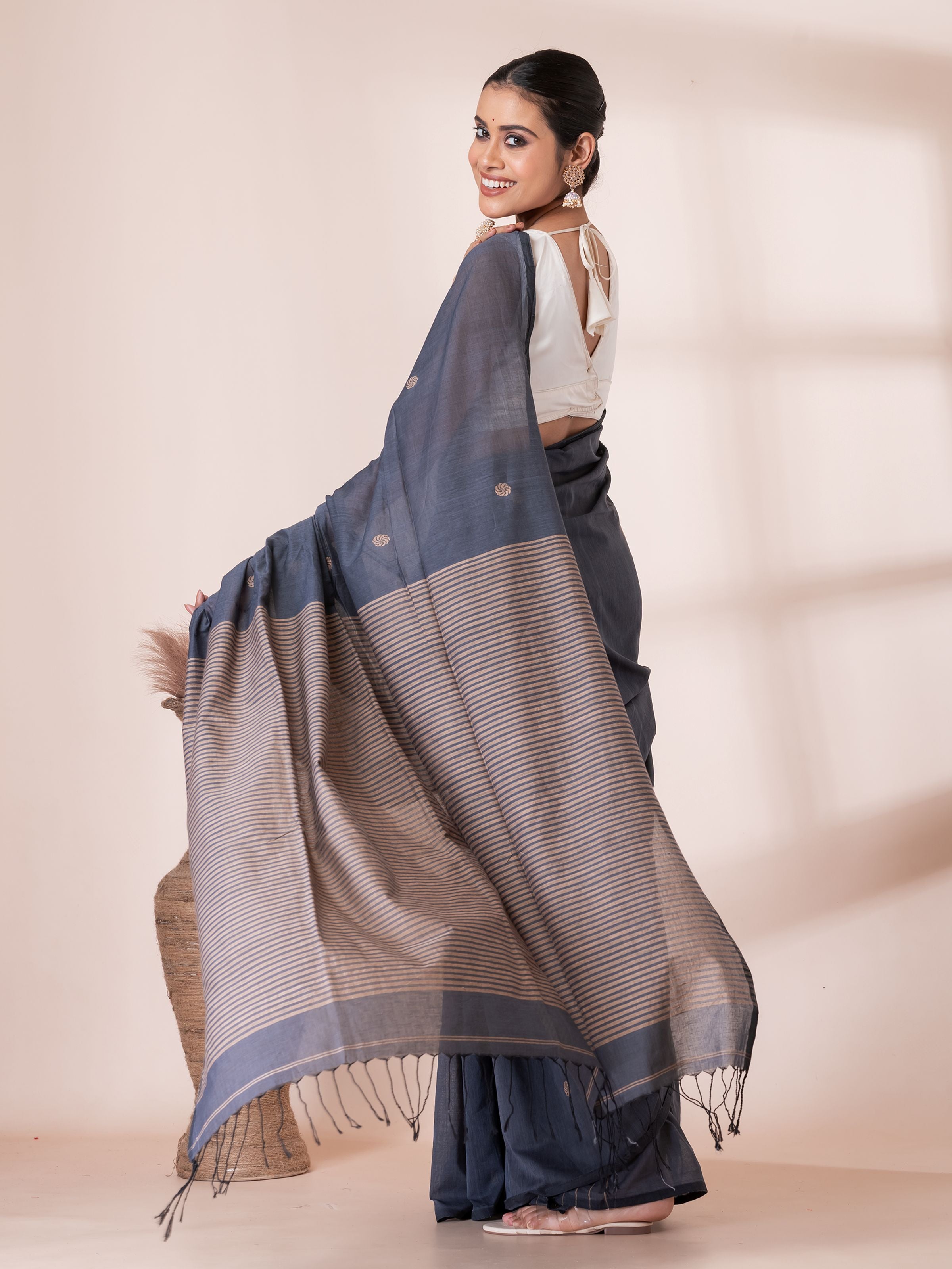 Grey with Cream Handloom Premium Cotton Saree