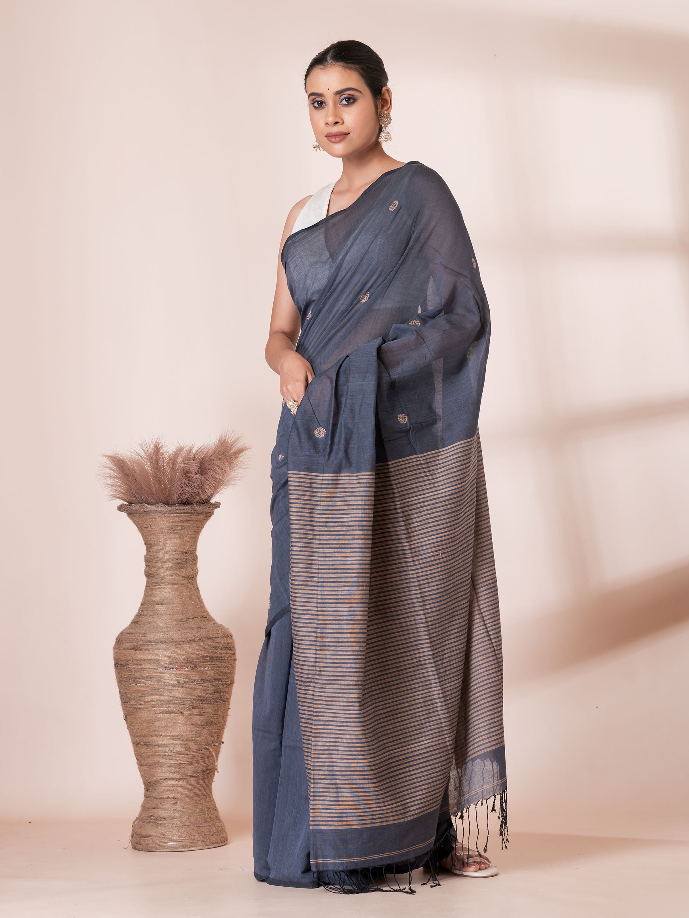 Grey with Cream Handloom Premium Cotton Saree