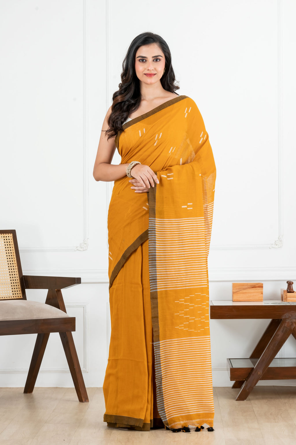 Premium Handloom Mustard Yellow Small Motifs Cotton Saree