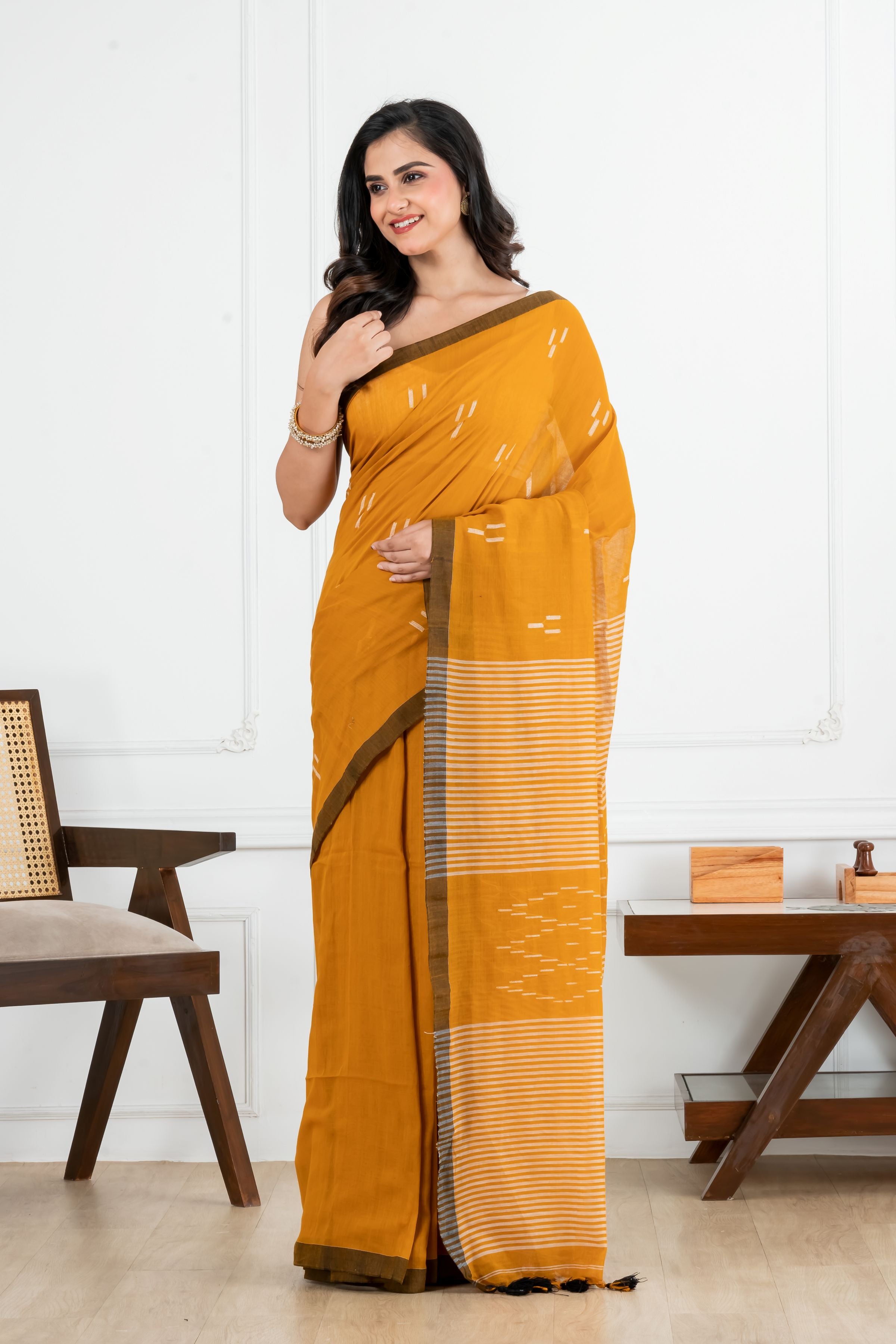 Premium Handloom Mustard Yellow Small Motifs Cotton Saree
