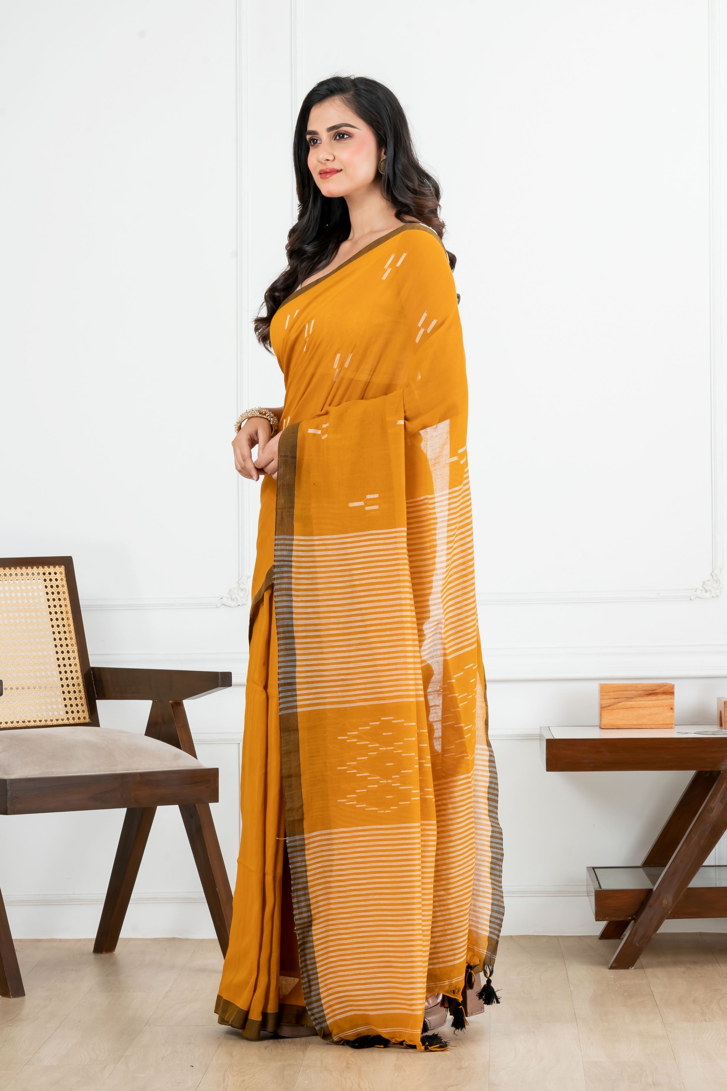 Premium Handloom Mustard Yellow Small Motifs Cotton Saree