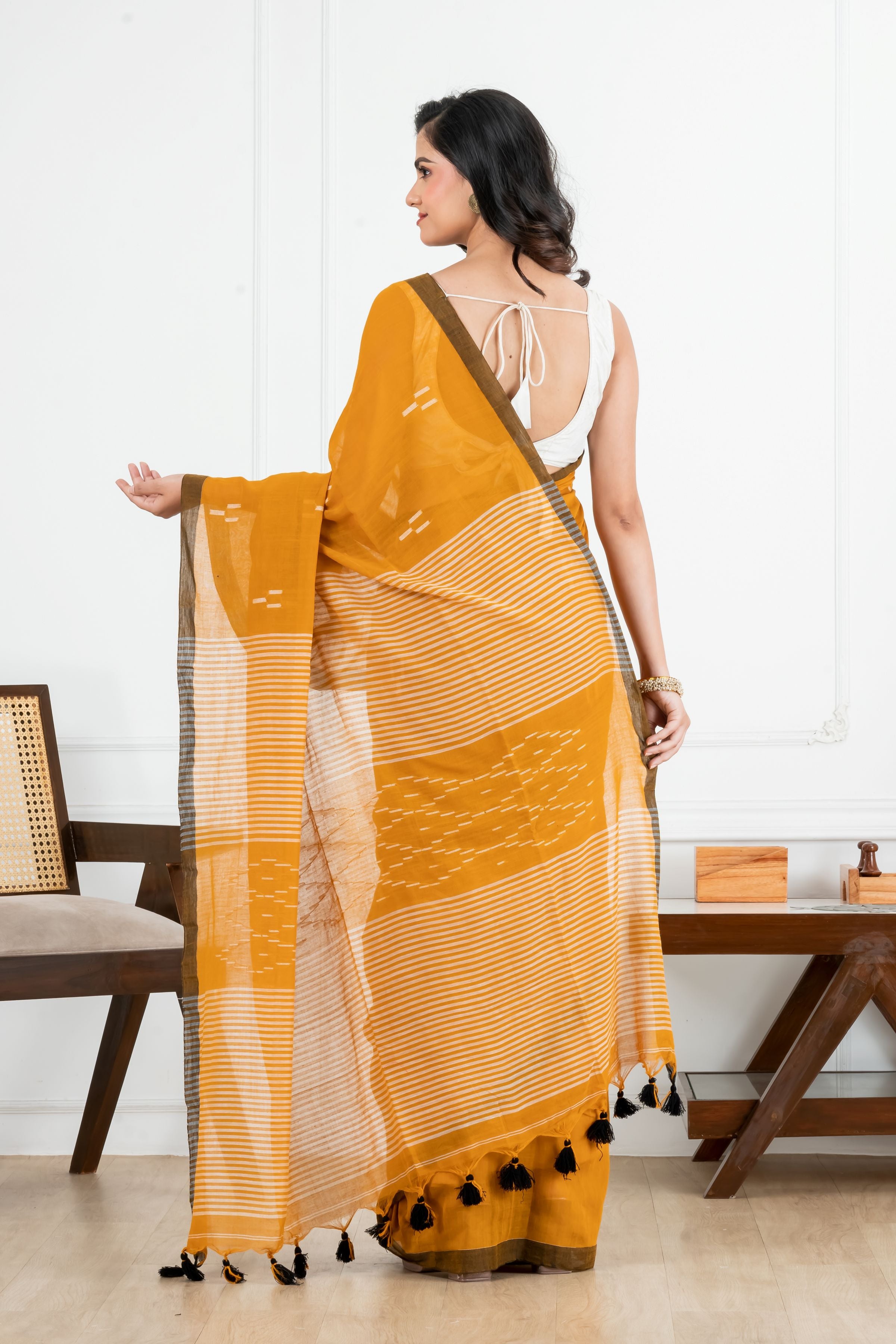 Premium Handloom Mustard Yellow Small Motifs Cotton Saree