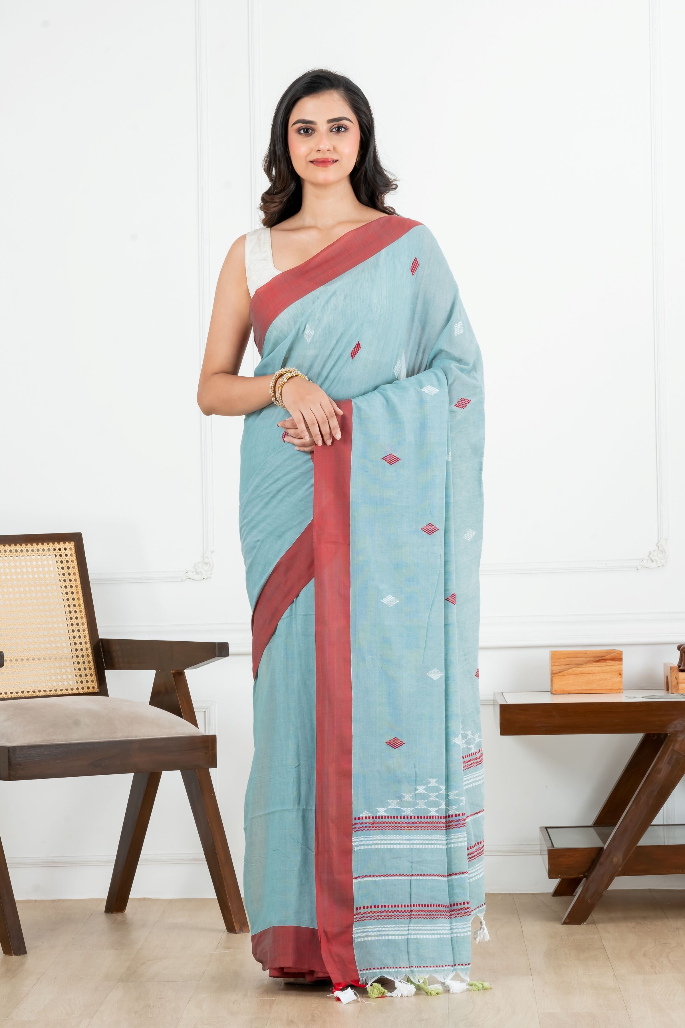 Premium Handloom Light Teal Blue with small Motifs Cotton Saree