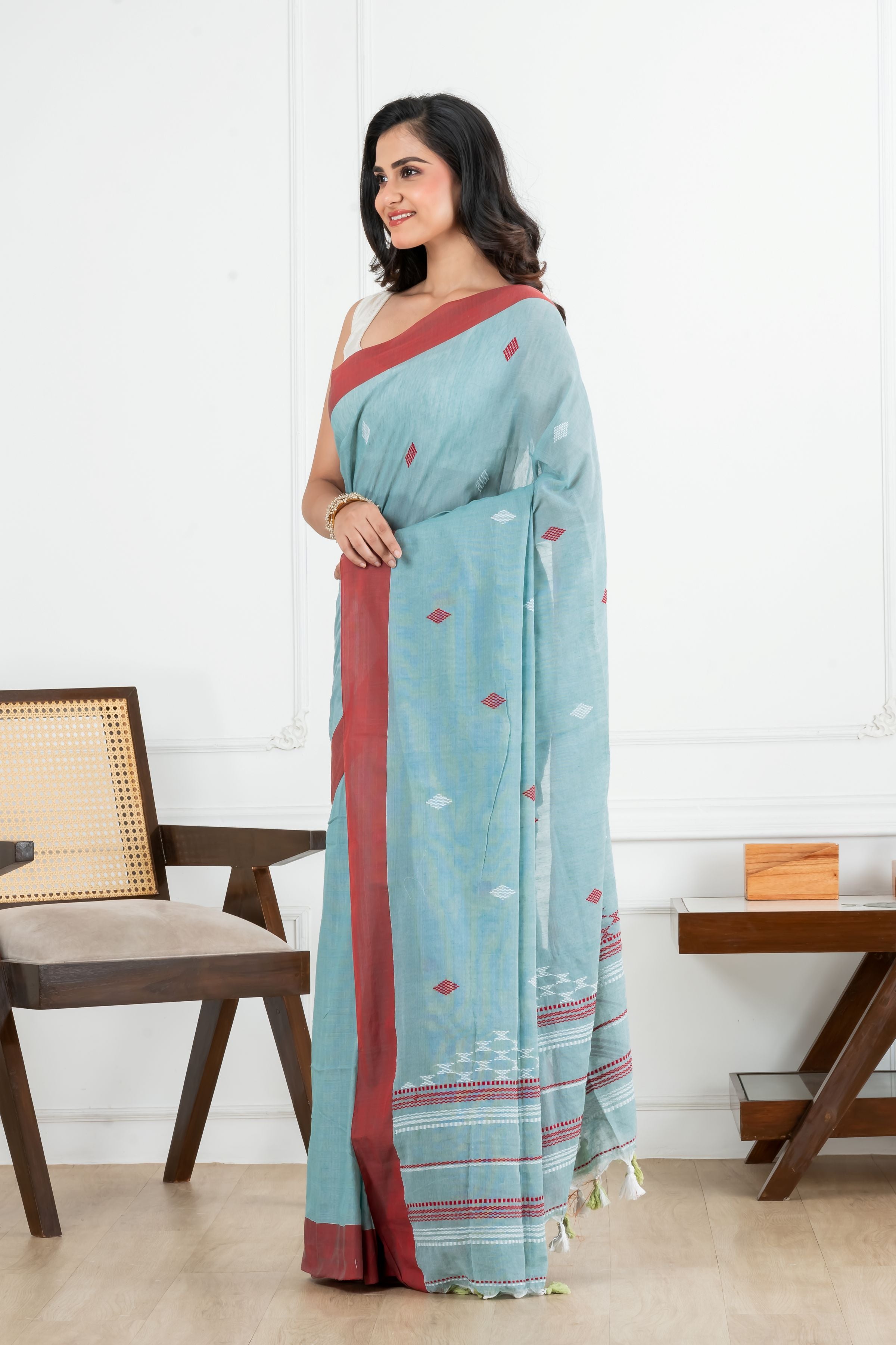 Premium Handloom Light Teal Blue with small Motifs Cotton Saree