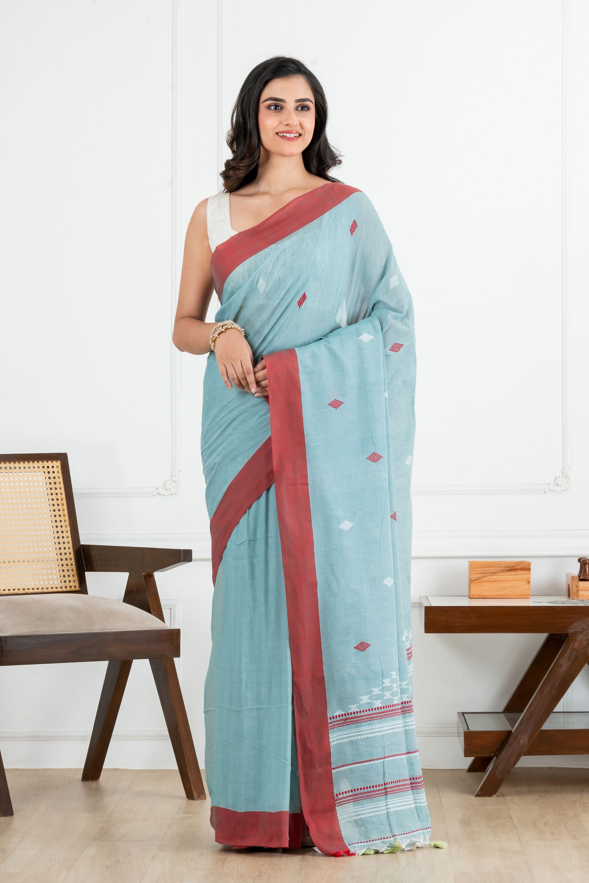 Premium Handloom Light Teal Blue with small Motifs Cotton Saree