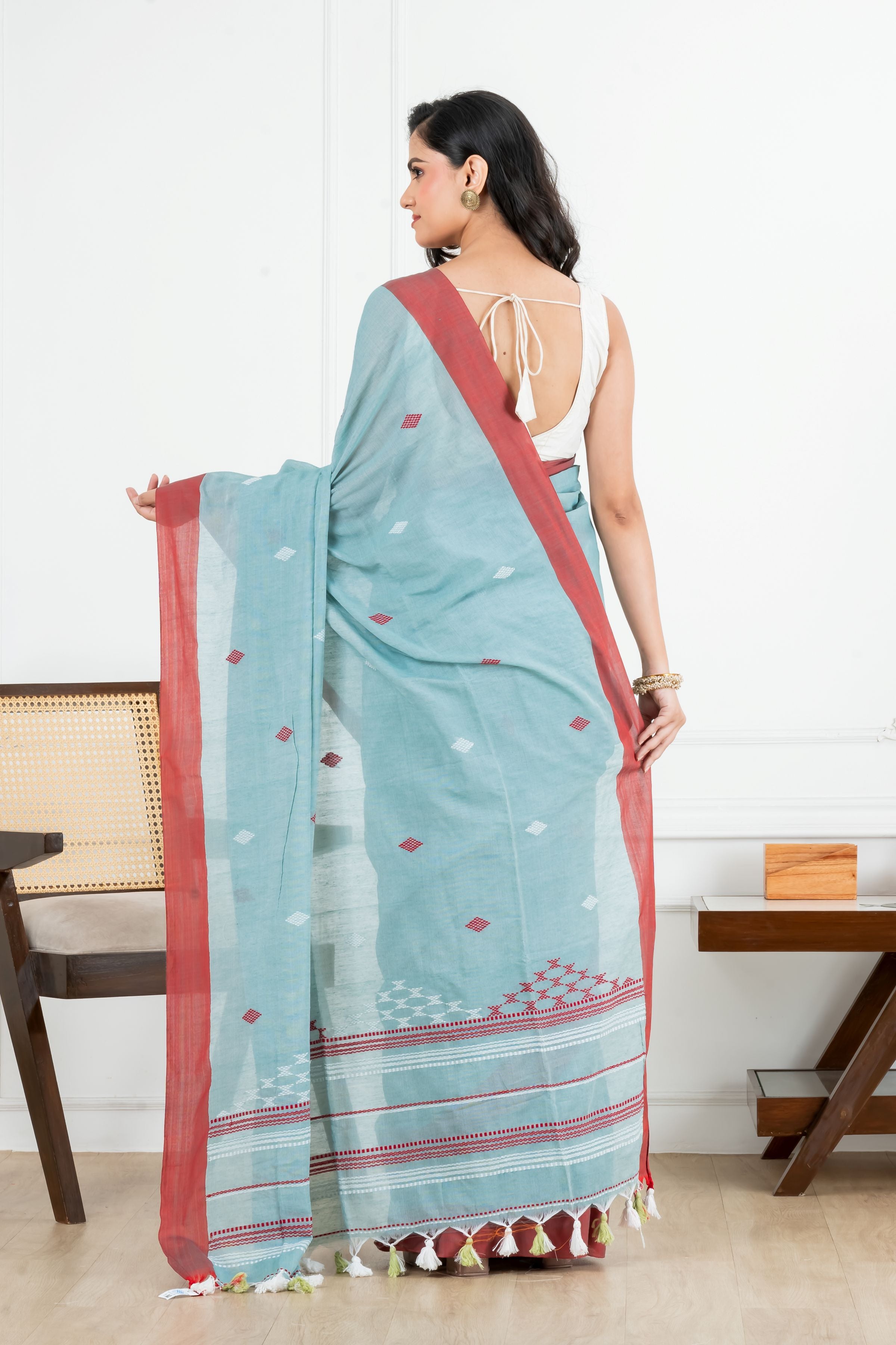 Premium Handloom Light Teal Blue with small Motifs Cotton Saree