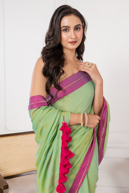 Pure Lime Green Body & Magenta Border Mul Cotton Saree