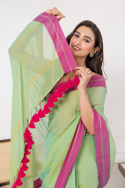 Pure Lime Green Body & Magenta Border Mul Cotton Saree