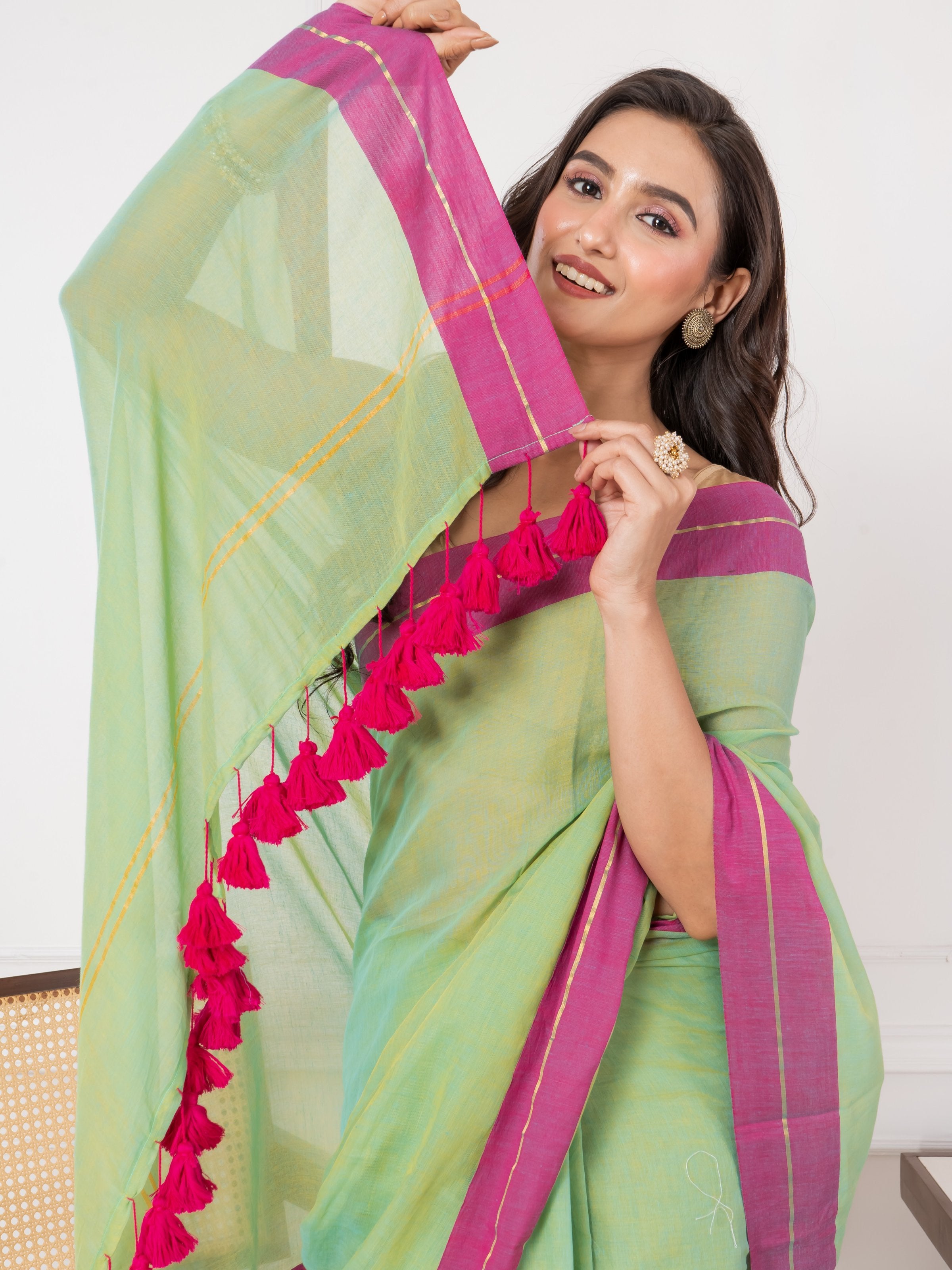 Pure Lime Green Body & Magenta Border Mul Cotton Saree
