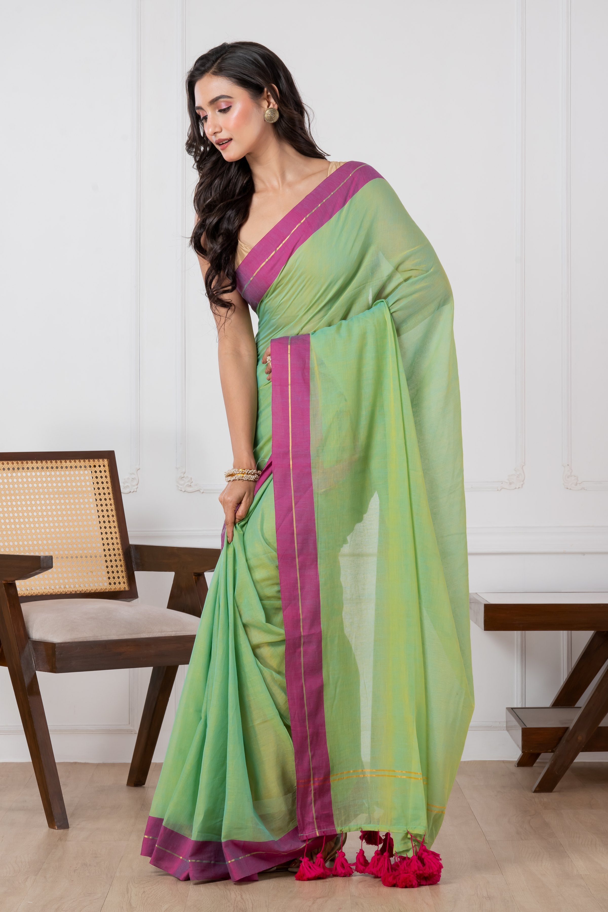 Pure Lime Green Body & Magenta Border Mul Cotton Saree