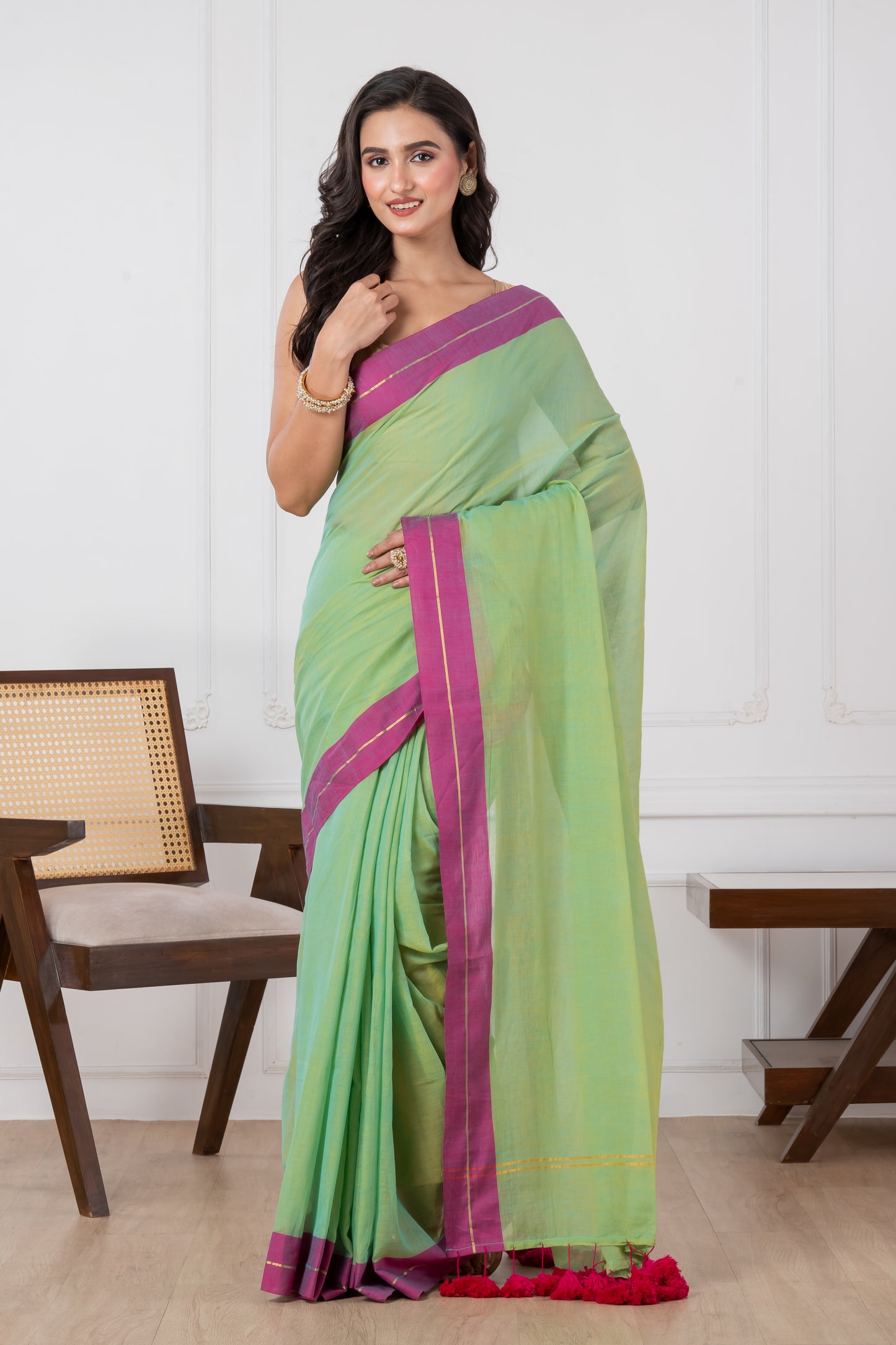 Pure Lime Green Body & Magenta Border Mul Cotton Saree