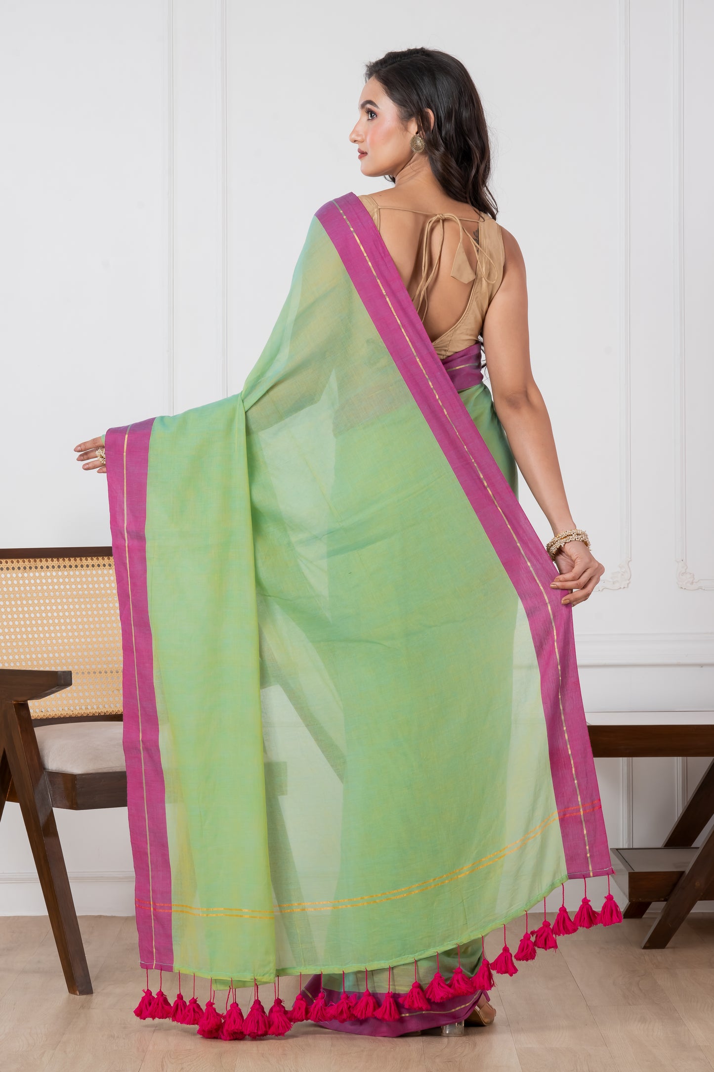 Pure Lime Green Body & Magenta Border Mul Cotton Saree