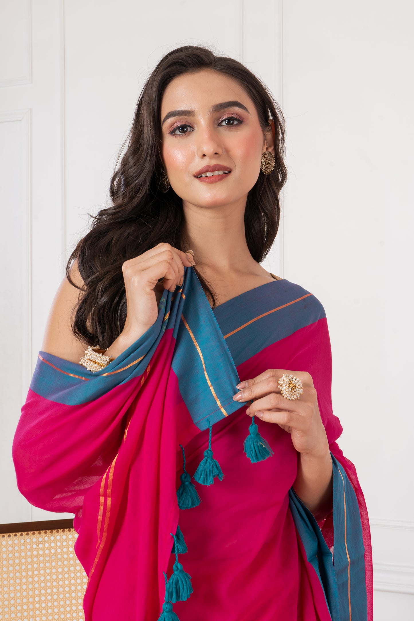 Pure Vibrant Magenta body & Teal Blue Border Mul Cotton Saree