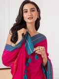 Pure Vibrant Magenta body & Teal Blue Border Mul Cotton Saree
