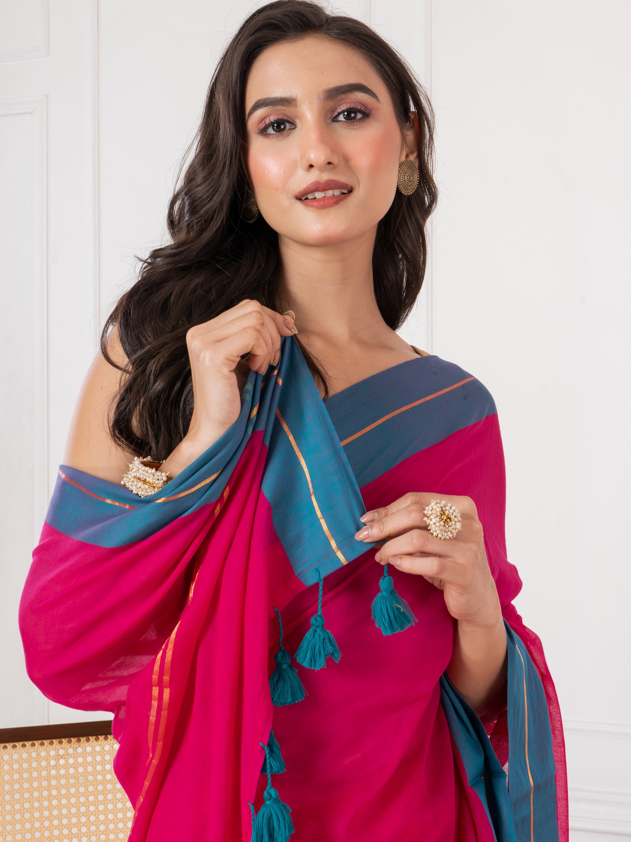 Pure Vibrant Magenta body & Teal Blue Border Mul Cotton Saree