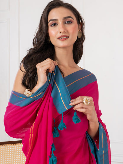 Pure Vibrant Magenta body & Teal Blue Border Mul Cotton Saree