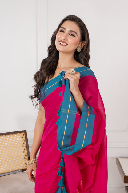 Pure Vibrant Magenta body & Teal Blue Border Mul Cotton Saree