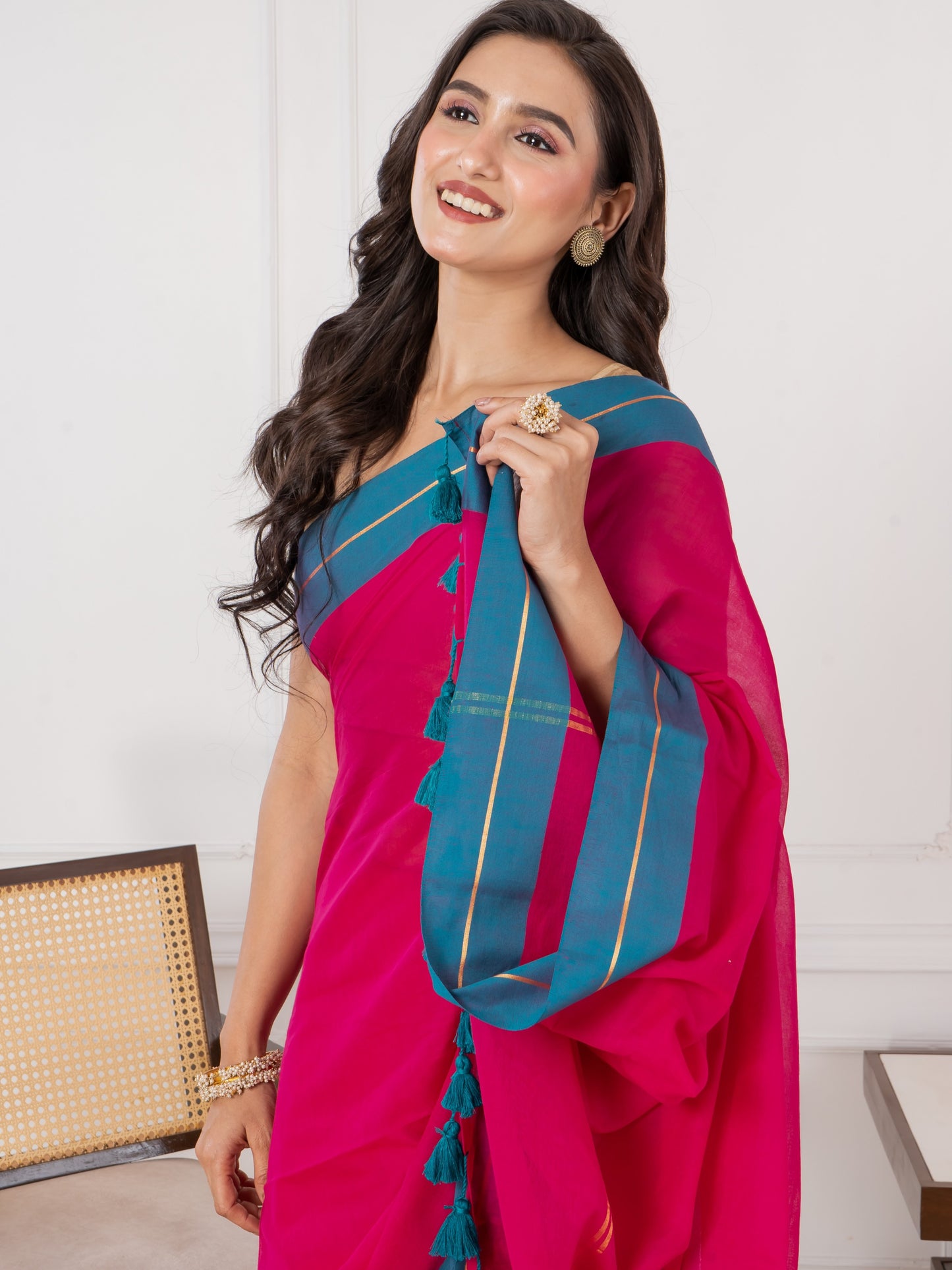 Pure Vibrant Magenta body & Teal Blue Border Mul Cotton Saree