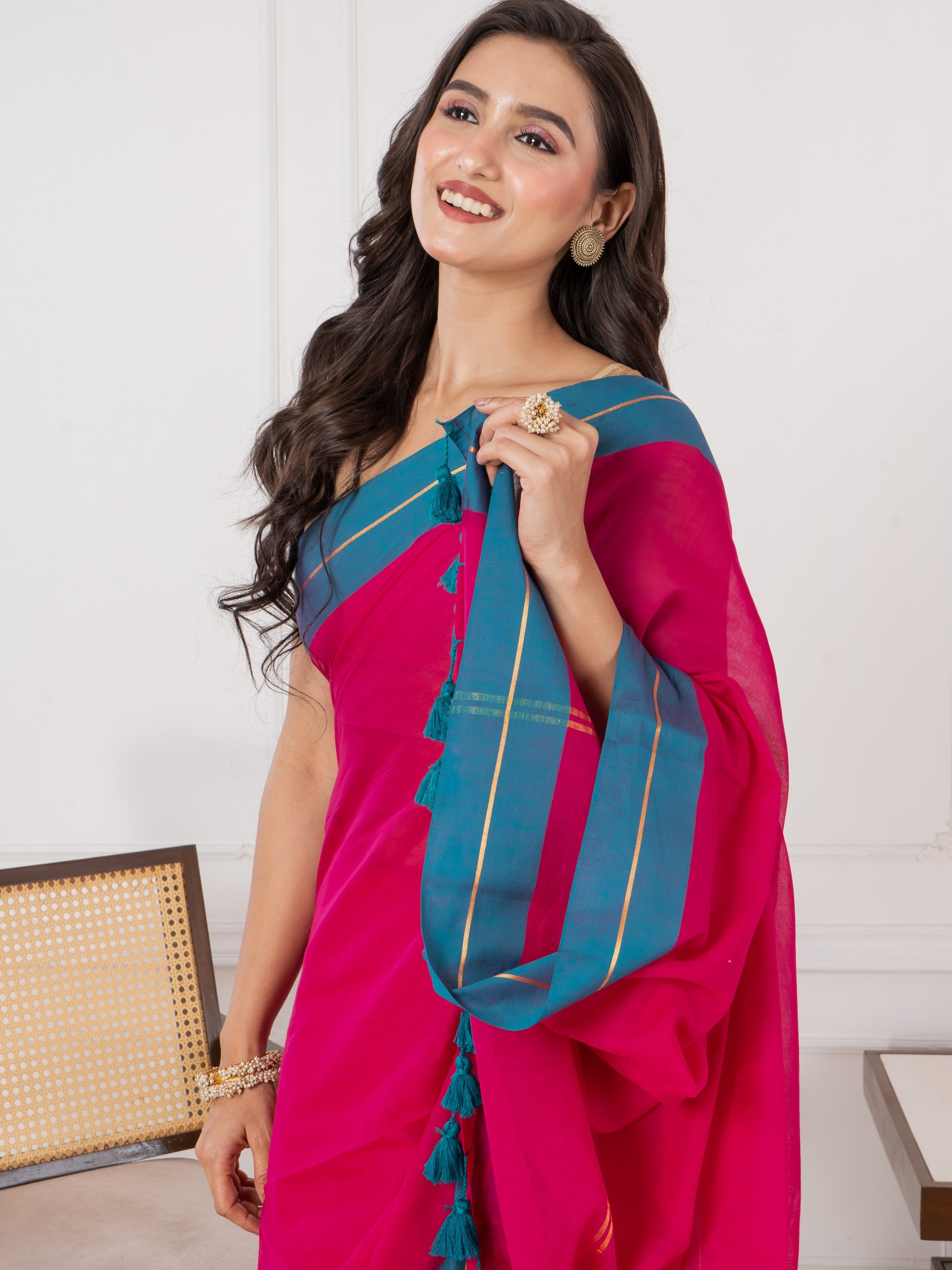Pure Vibrant Magenta body & Teal Blue Border Mul Cotton Saree