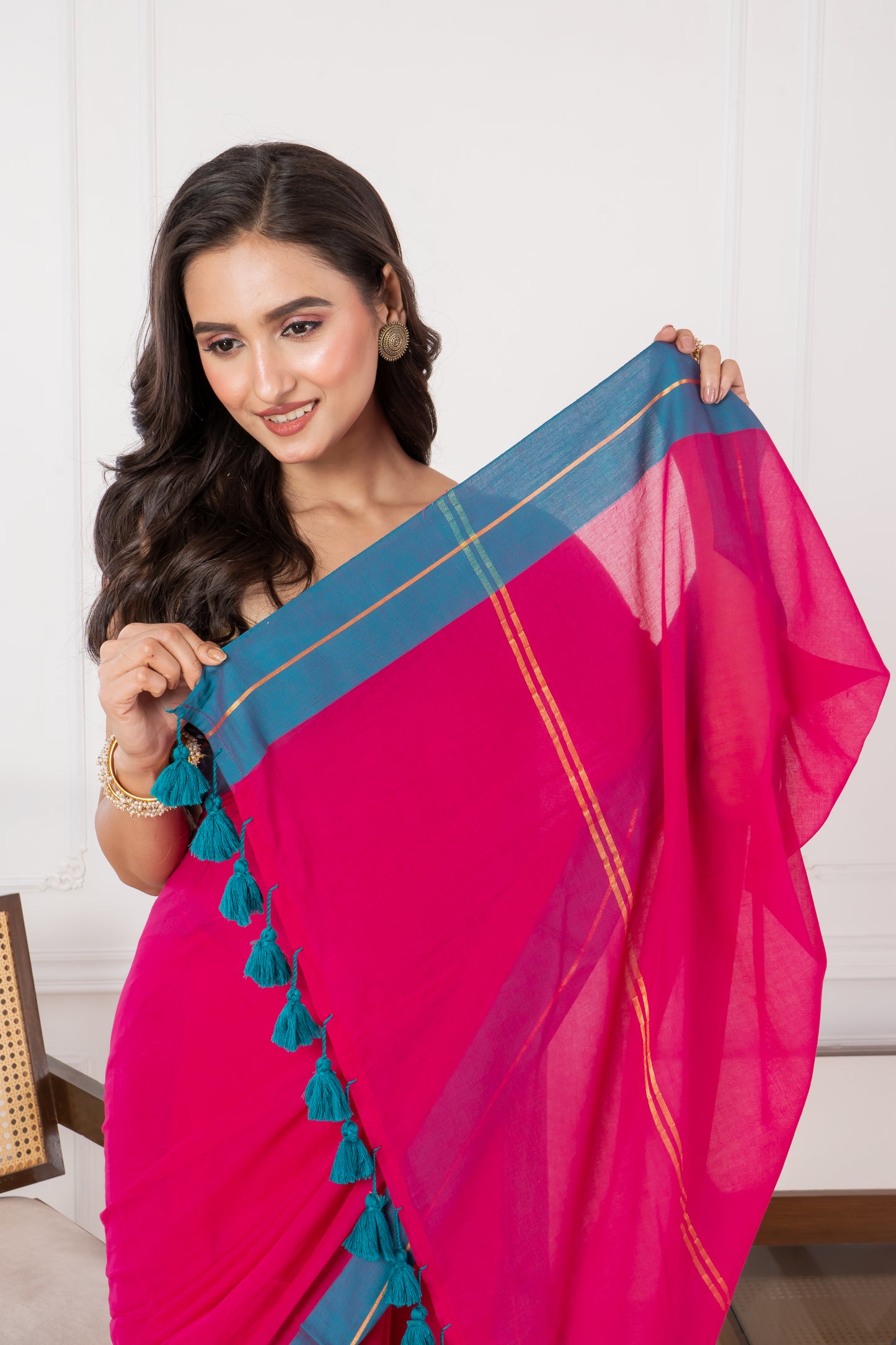 Pure Vibrant Magenta body & Teal Blue Border Mul Cotton Saree