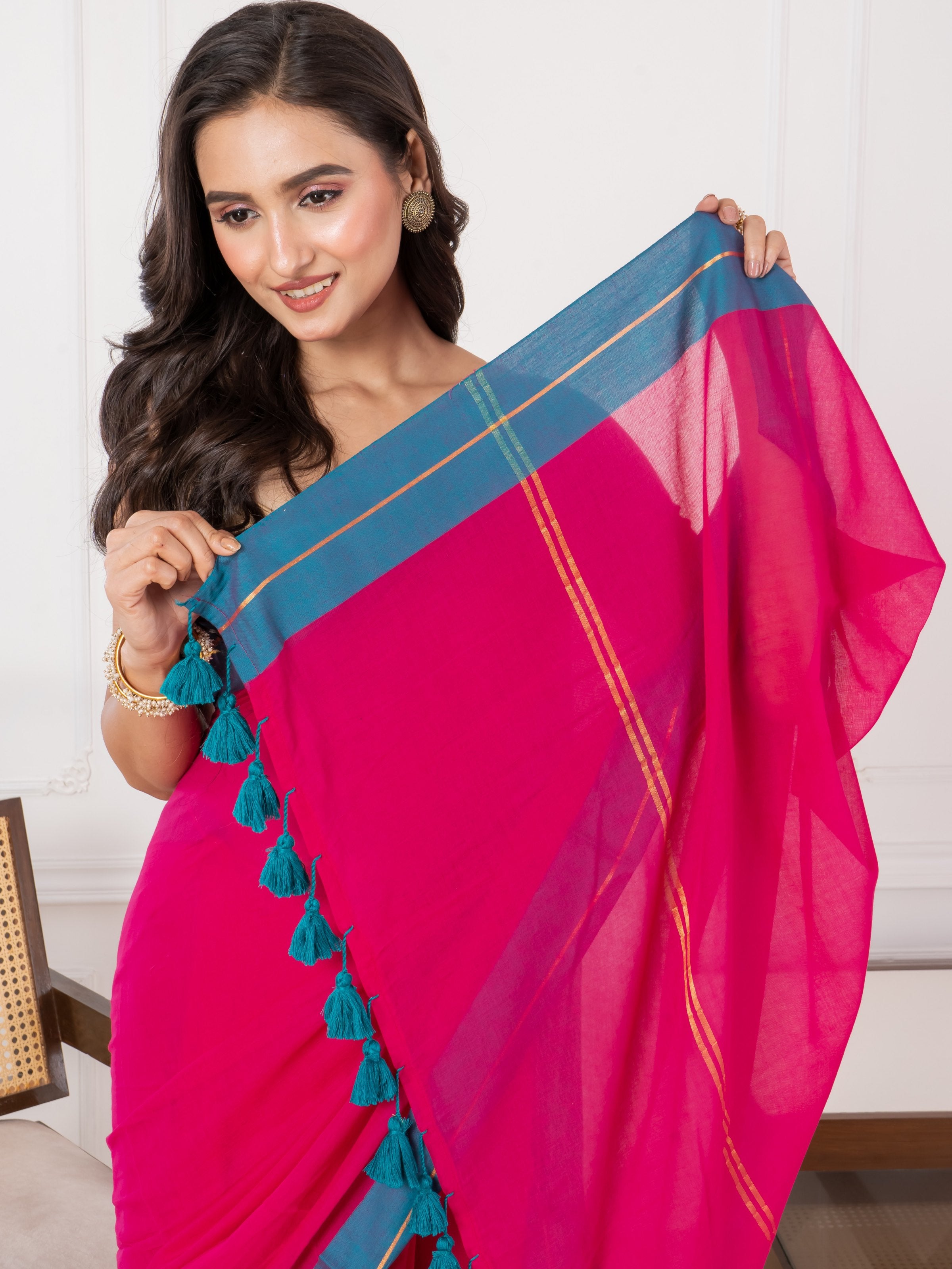 Pure Vibrant Magenta body & Teal Blue Border Mul Cotton Saree