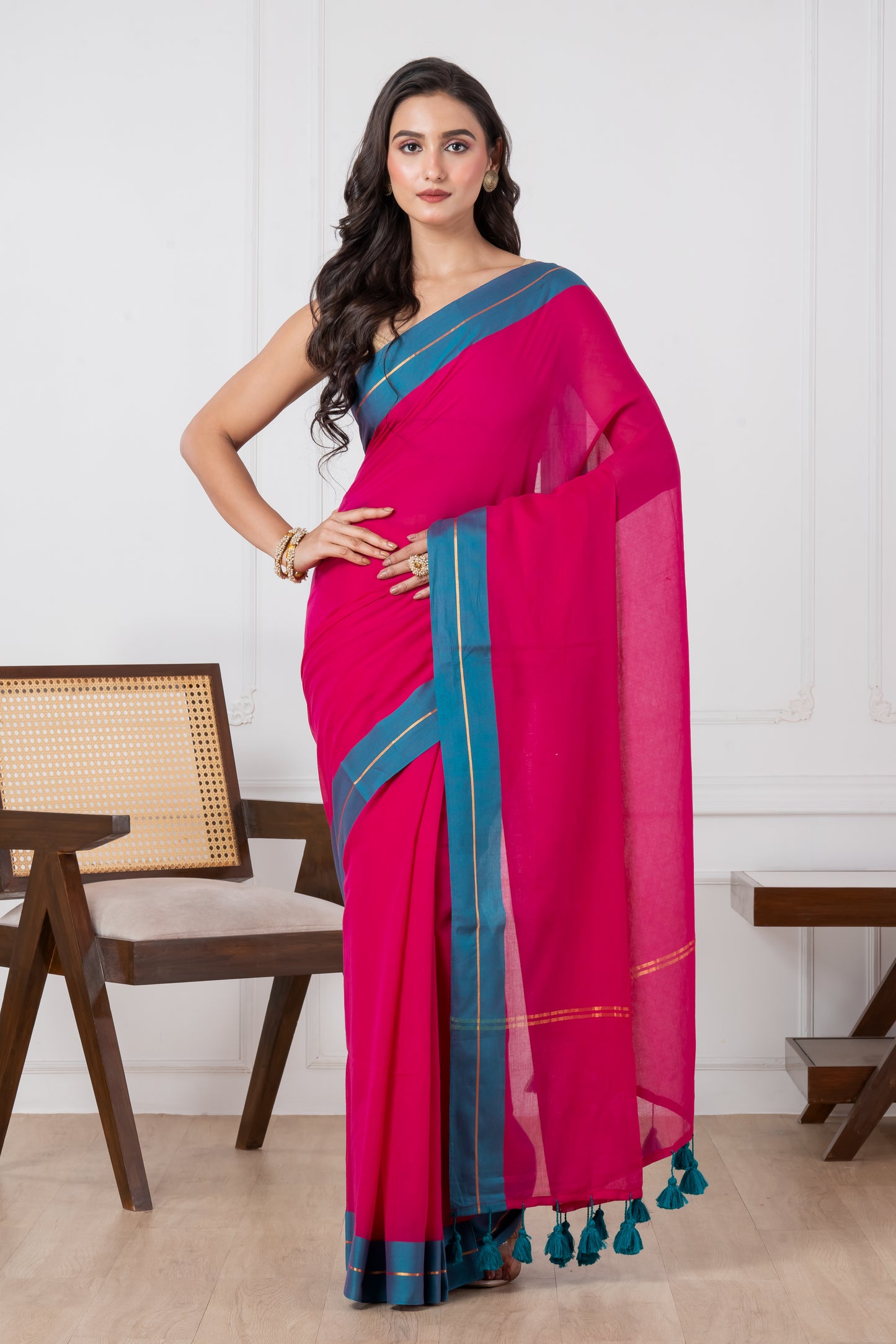 Pure Vibrant Magenta body & Teal Blue Border Mul Cotton Saree