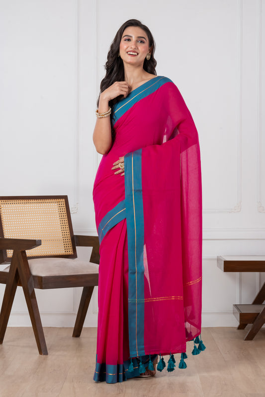 Pure Vibrant Magenta body & Teal Blue Border Mul Cotton Saree