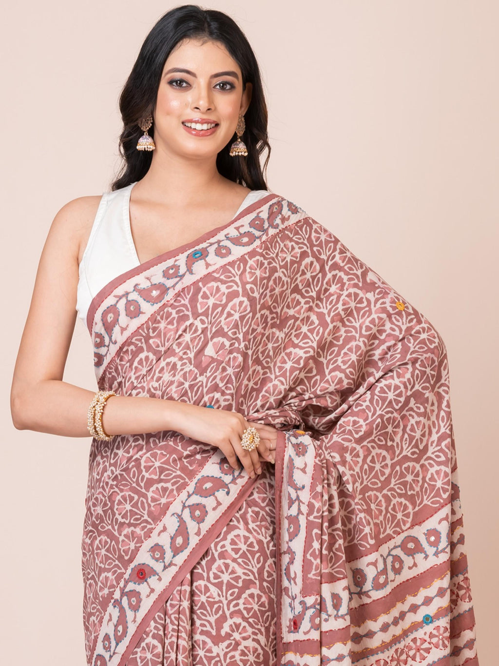 Pastel Maroon Bagru Kantha Embroidered Saree