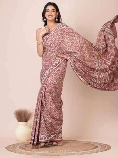 Pastel Maroon Bagru Kantha Embroidered Saree