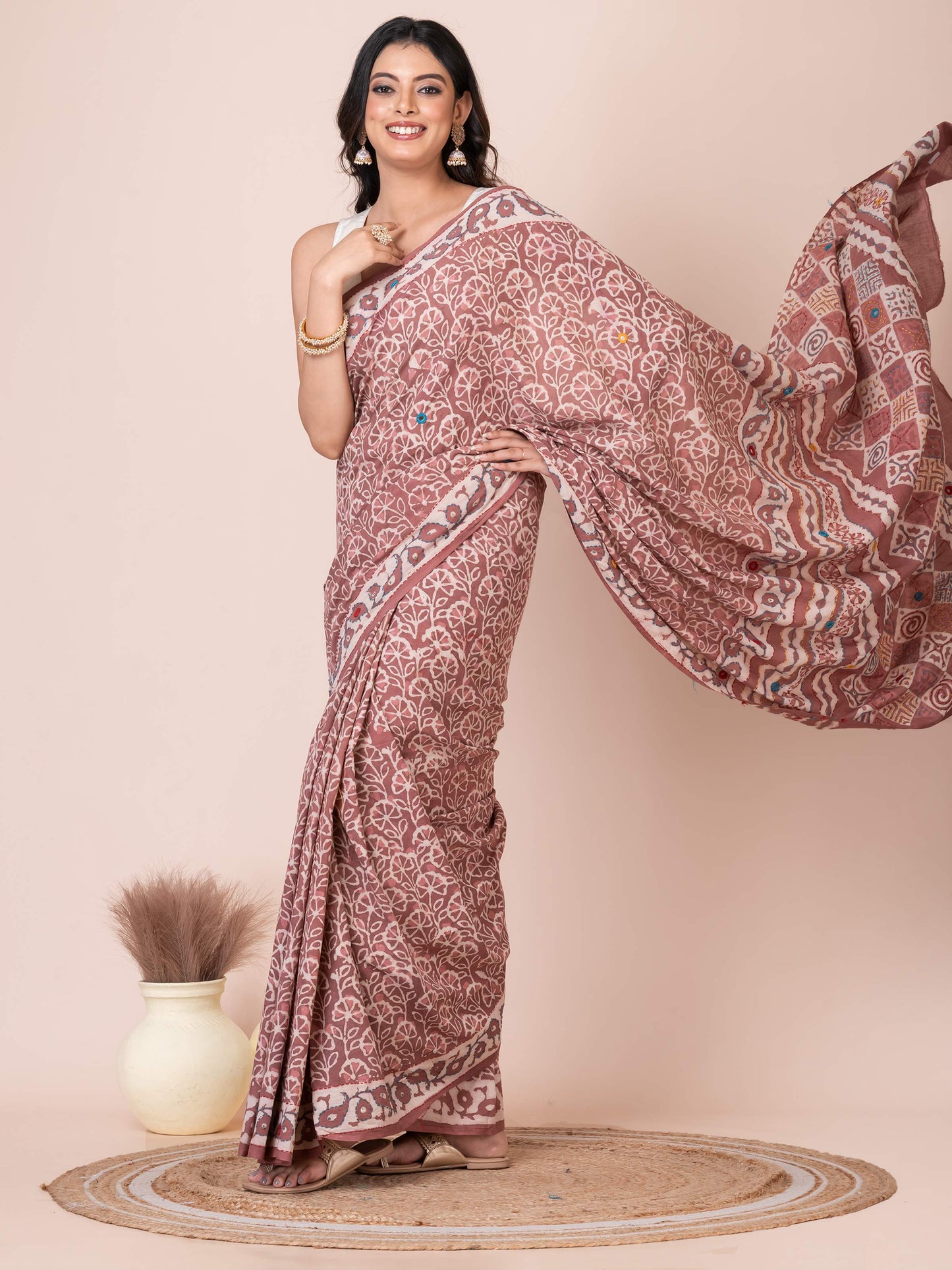 Pastel Maroon Bagru Kantha Embroidered Saree