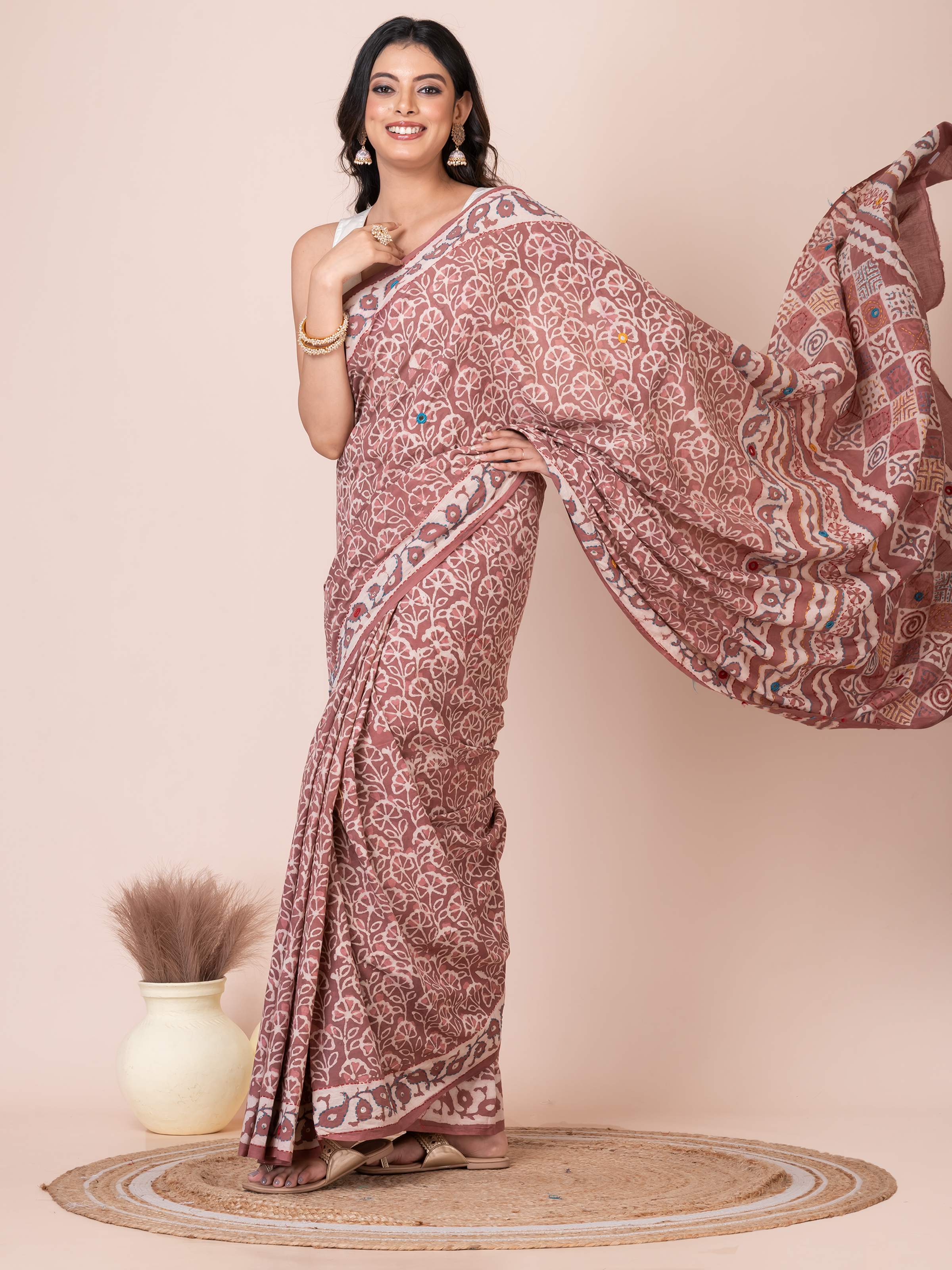 Pastel Maroon Bagru Kantha Embroidered Saree