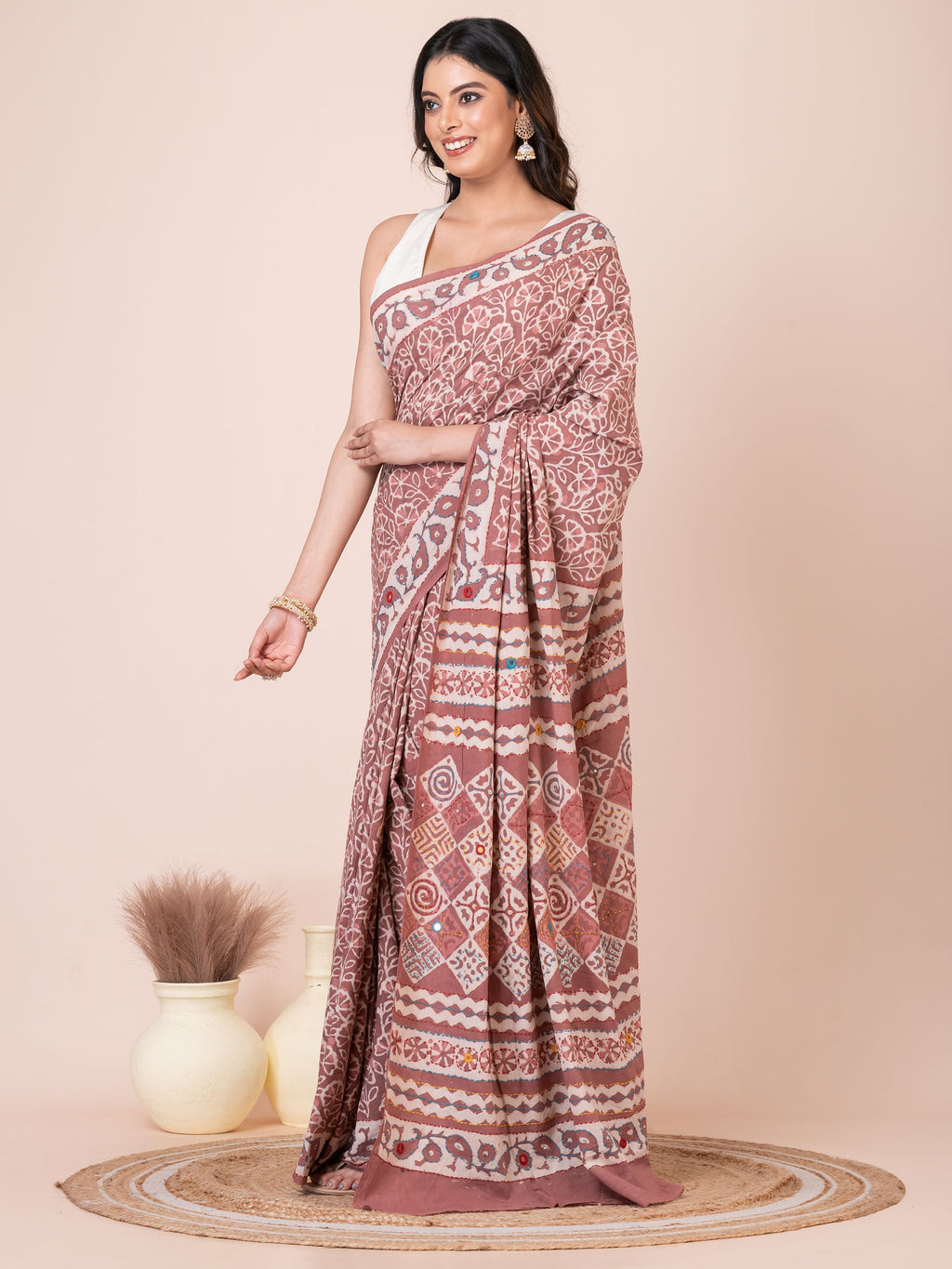 Pastel Maroon Bagru Kantha Embroidered Saree