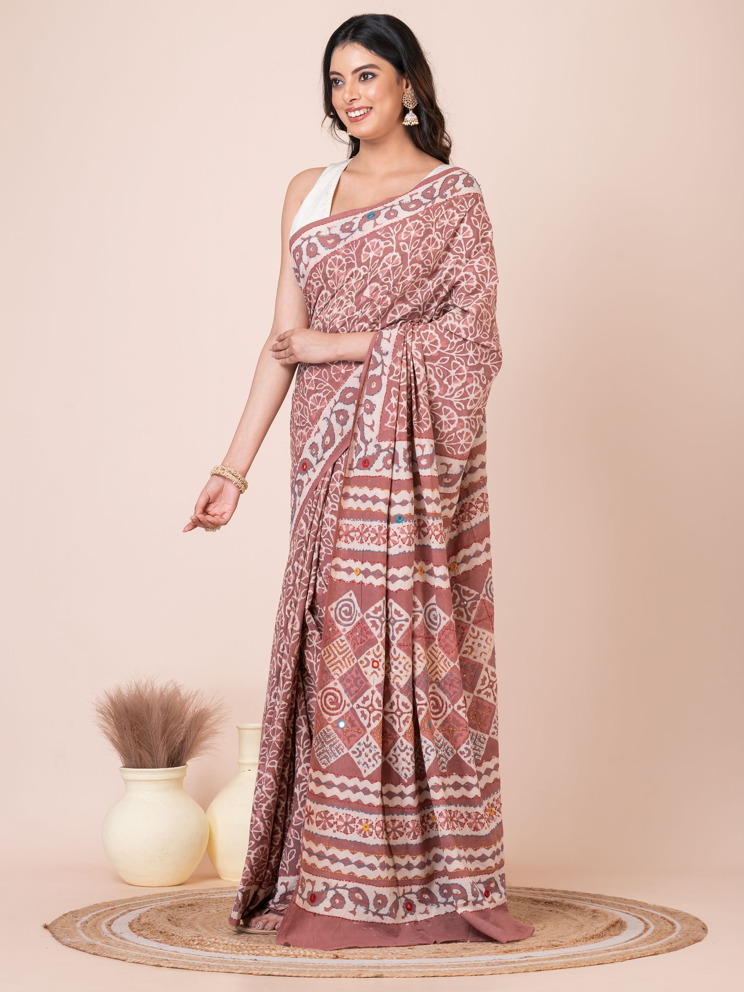 Pastel Maroon Bagru Kantha Embroidered Saree
