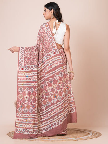 Pastel Maroon Bagru Kantha Embroidered Saree