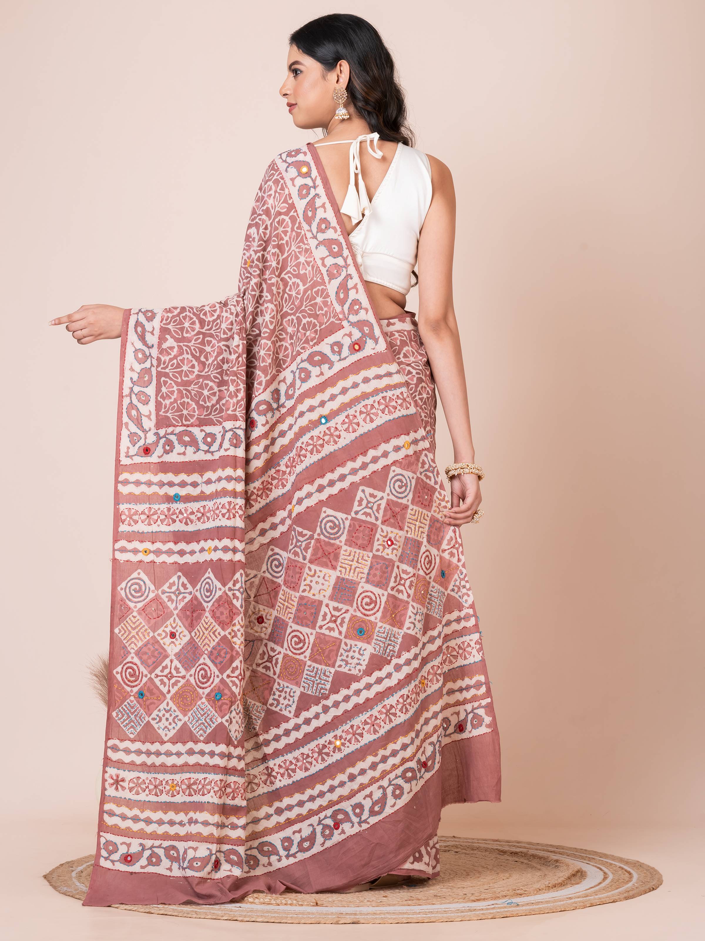 Pastel Maroon Bagru Kantha Embroidered Saree