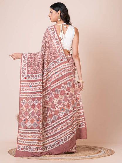 Pastel Maroon Bagru Kantha Embroidered Saree