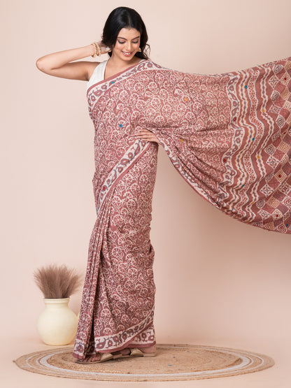 Pastel Maroon Bagru Kantha Embroidered Saree