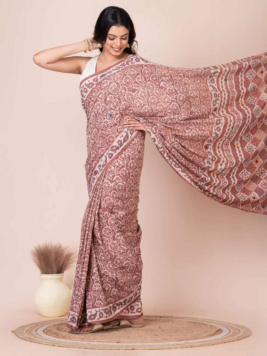 Pastel Maroon Bagru Kantha Embroidered Saree