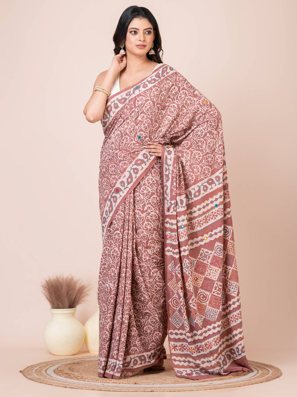 Pastel Maroon Bagru Kantha Embroidered Saree