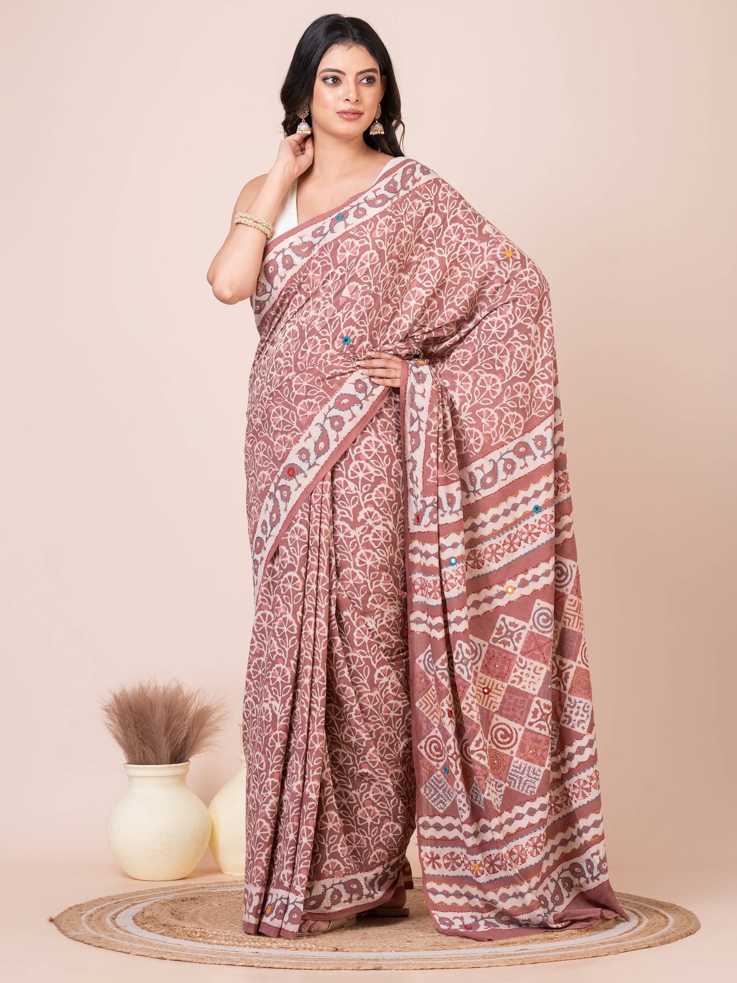 Pastel Maroon Bagru Kantha Embroidered Saree