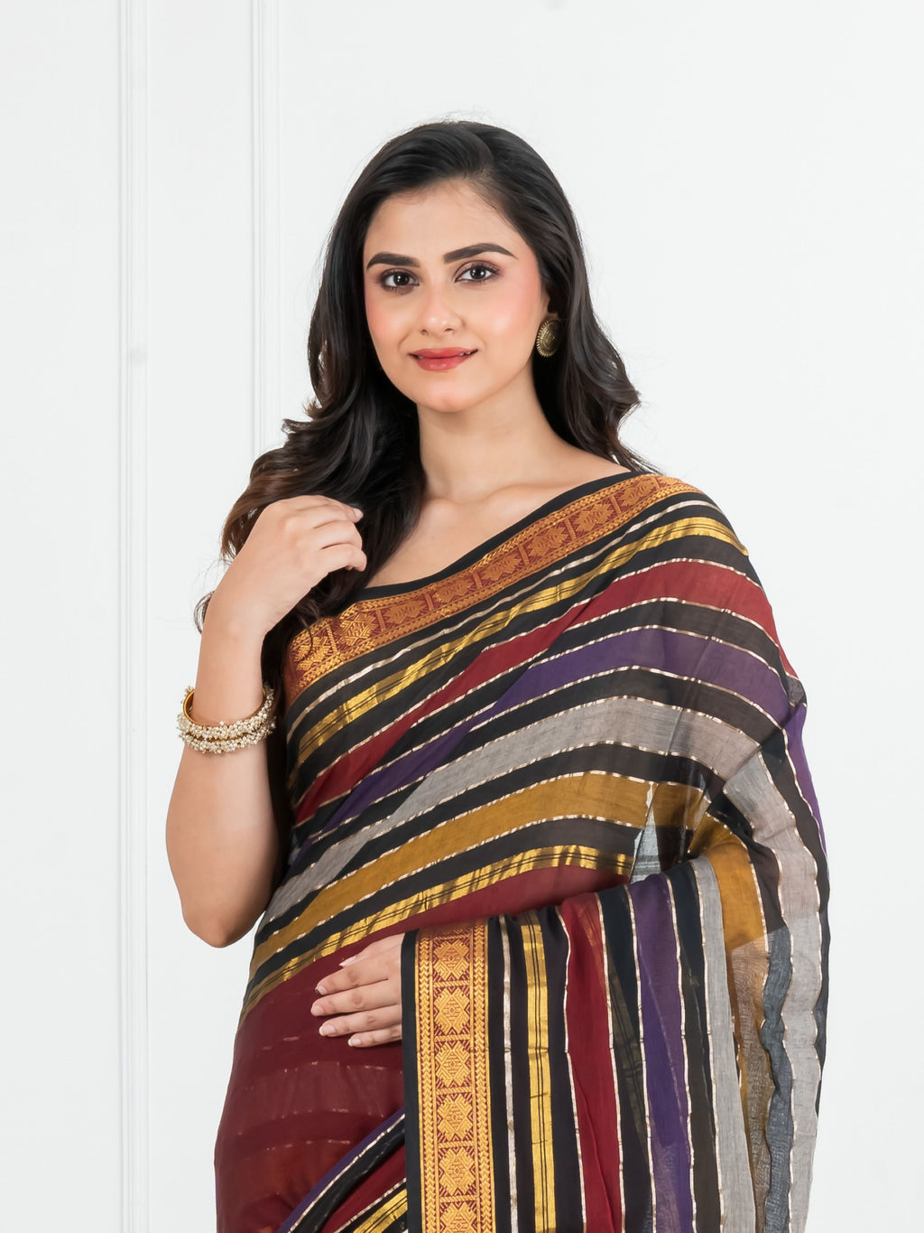 Maroon Body and Black with Golden Zari Border Cotton Saree