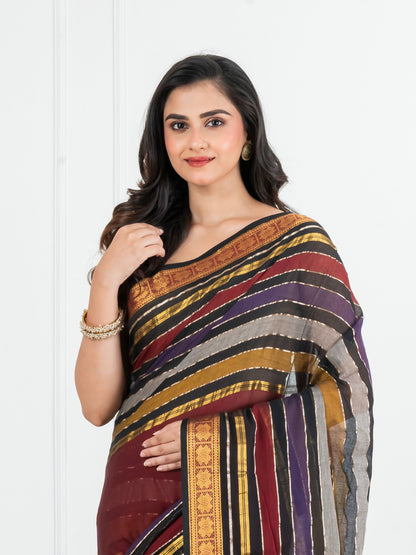 Maroon Body and Black with Golden Zari Border Cotton Saree